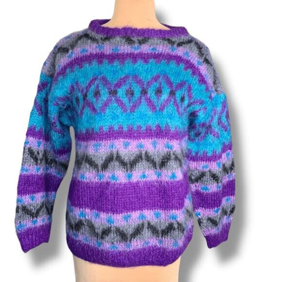 Vintage 90s Icelandic Design Mohair Wool Fair Isle Sweater Purple Blue Medium - Picture 9 of 9